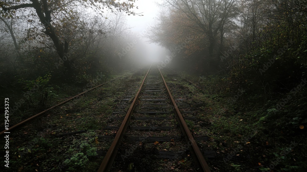 Fototapeta premium Abandoned railway tracks disappearing into thick morning mist