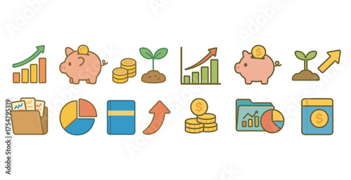 Finance and economy outline icons set – flat, linear, budget and investment symbols
