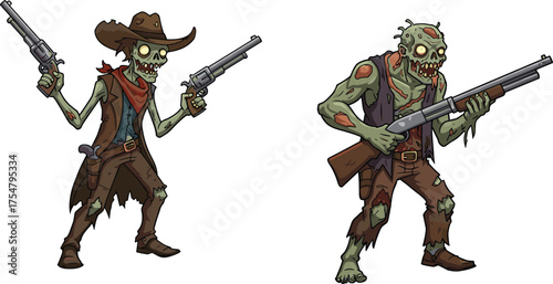 Zombie cowboy with guns and undead hunter with shotgun, horror western fantasy illustration, creepy cartoon character design for Halloween concept