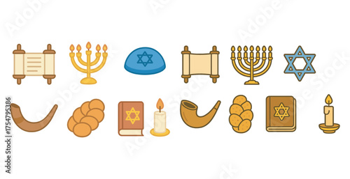 Jewish culture icons set – filled, solid, festival and tradition symbols