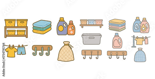 Laundry and cleaning flat icons set – household, detergent, washing symbols