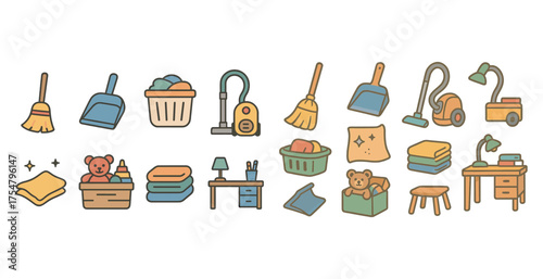Housekeeping and cleaning icons set – flat, household chores and organization symbols
