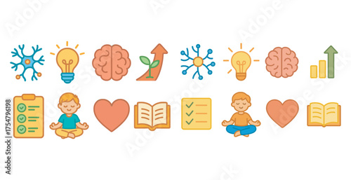 Mindfulness and mental health icons set – flat, wellness, meditation symbols