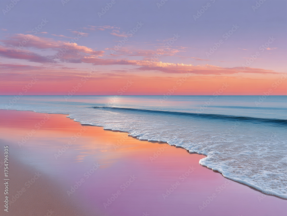 Fototapeta premium A tranquil beach scene at sunset, with the ocean's waves gently lapping against a pink-hued shoreline and reflecting the sky's colors in its surface.