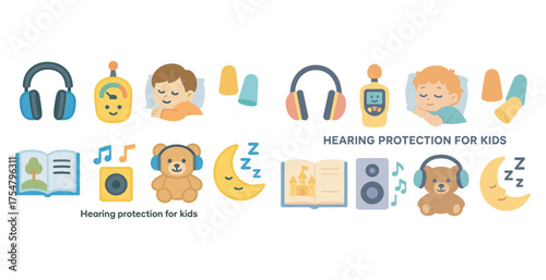 Hearing protection flat icons set – kids, noise, safety symbols for childcare