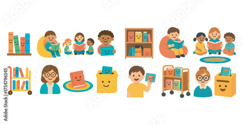Children's book reading icons set – cute, flat, library and story time symbols