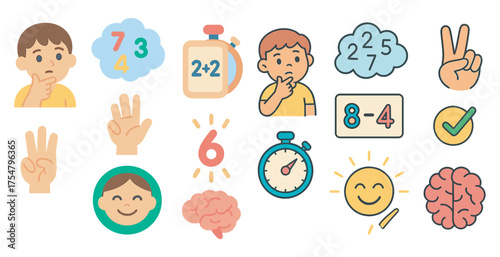 Math education flat icons set – learning, numbers, study essentials