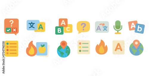 Language and translation flat icons set – filled, multilingual, communication symbols