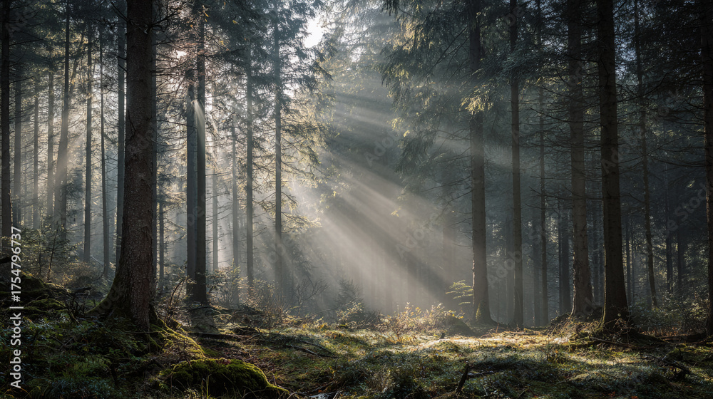 Fototapeta premium Sunlight streaming through tall trees in a dense forest creating a mystical atmosphere