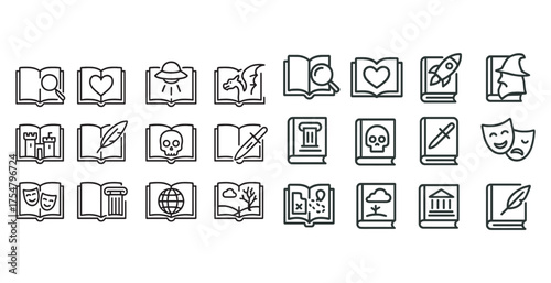 Literature and fantasy outline icons set – linear, book, storytelling motifs
