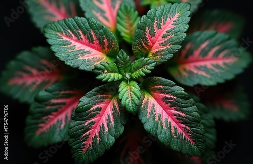 Top view of Fittonia nerve plant with dark green foliage and pink veins. Mosaic plant has green and pink leaves. Fittonia albivenis, Acanthaceae, tropical plant with colorful leaf.