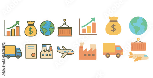 Logistics and shipping flat icons set – economy, business, global trade symbols