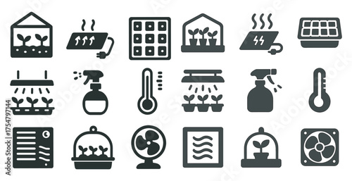 Greenhouse and gardening solid icons set – flat, plant, agriculture symbols