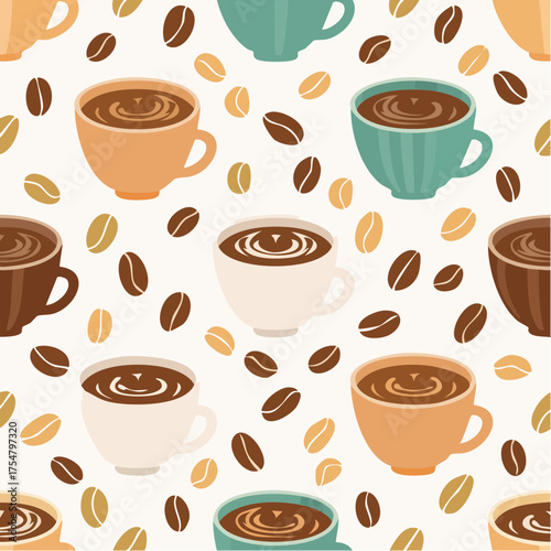 Seamless pattern with colorful coffee cups and roasted beans on a light background. A vector illustration for cafe menus, wallpaper, and fabric prints