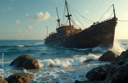 Old ship runs aground on rocky shore. Wooden vessel stranded near the ocean coast. Waves crash against the weathered hull of an old ship. Vintage maritime scene with wrecked boat.