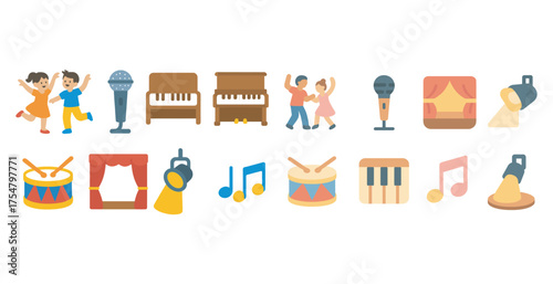 Music and dance filled icons set – flat, solid, performance and rhythm symbols