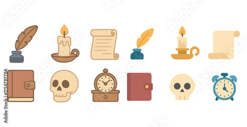 Medieval literature flat icons set – writing, history, antique symbols