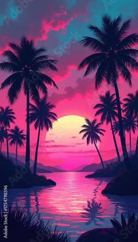 Retro style background illustration. Pink sunset reflects in ocean. Palm trees in foreground. Concept for summer vacation travel agency banner modern neon cyberpunk poster template design. Retrowave