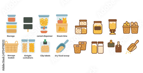Kitchen organization icons set – flat, outline, storage and pantry symbols