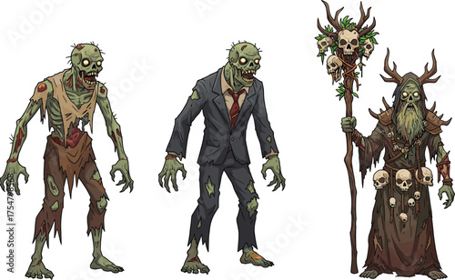 Zombie wizard with skull staff, undead businessman, horror fantasy characters, creepy cartoon illustration for Halloween gothic dark magic concept art