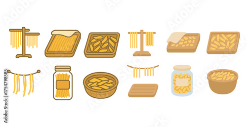Pasta cooking and food icons set – flat, outline, culinary and kitchen symbols