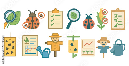 Gardening and pest control icons set – flat, filled, horticulture and farming symbols