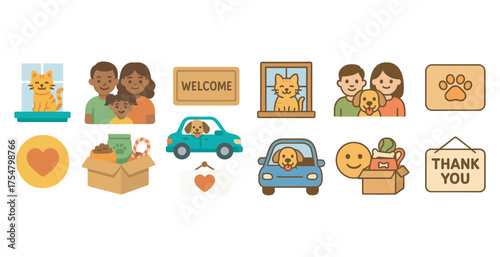 Adoption and pet care icons set – flat, filled, animal rescue and support symbols