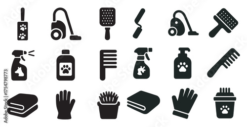 Pet care solid icons set – grooming, cleaning, hygiene symbols
