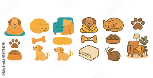 Pet care and comfort icons set - flat, filled, animal and cozy symbols