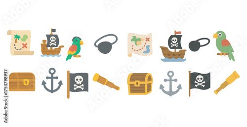 Pirate adventure icons set – silhouette, sea, treasure and nautical symbols