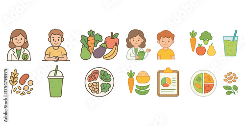 Health and nutrition flat icons set – wellness, diet, food planning symbols