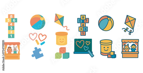Kids and play flat icons set – educational, fun and interactive symbols