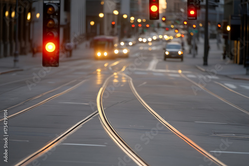 Wallpaper Mural Streetcar tracks on a city street at dusk, traffic lights illuminated. Motion blurs capture the bustling urban atmosphere with car lights. Torontodigital.ca