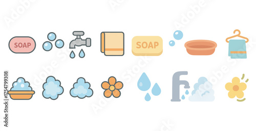 Hygiene and cleaning icons set – flat, outline, sanitation and bathroom symbols