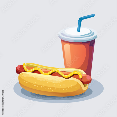 A classic fast food combo meal featuring a delicious hot dog topped with yellow mustard served with a refreshing soda drink in a cup with a straw