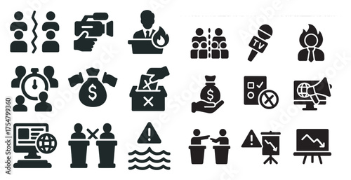 Business and communication solid icons set – filled, corporate and teamwork symbols