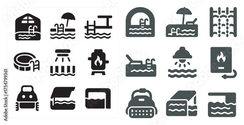 Aquatic sports silhouette icons set – solid, filled, water and pool activity symbols