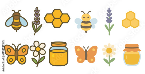 Nature and honey flat icons set – beekeeping, flowers, and garden symbols