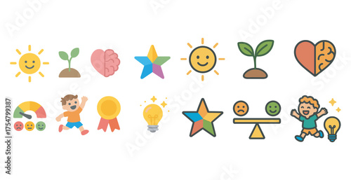 Emotions and thoughts icons set – flat, filled, mood and mental health symbols