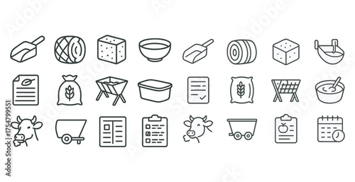 Agriculture and farming icons set – line, outline, crops and livestock symbols