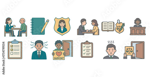 Legal and consultation outline icons set – flat, filled, law and advisory symbols