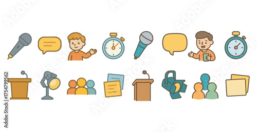 Public speaking flat icons set – conversation, presentation, and communication symbols