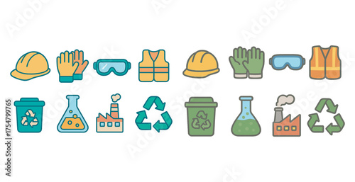 Safety and industry icons set – flat, filled, protection and recycling symbols