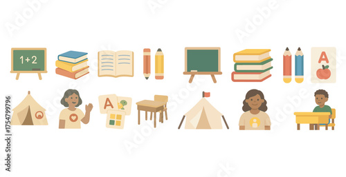 Education and learning flat icons set – scholastic, classroom, study tools graphics