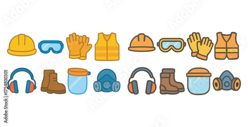 Safety equipment icons set – flat, outline, protective gear and ppe symbols