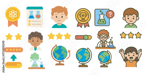 Science education flat icons set – learning, chemistry, school symbols