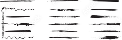 Set of Grunge Brush Strokes. Hand-drawn black ink lines for underlines, dividers, and artistic design elements. Vector.