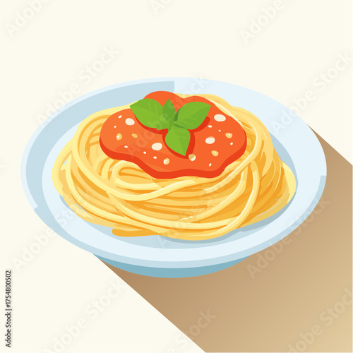A delicious plate of Italian spaghetti pasta topped with rich tomato sauce and fresh basil leaves, presented in a modern flat design vector illustration style