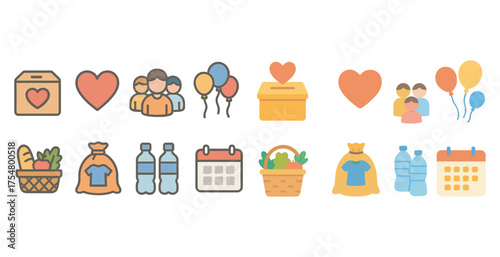 Charity and donation flat icons set – helpful, community, giving symbols