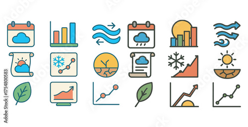 Weather and climate icons set – flat, filled, meteorology and forecast symbols